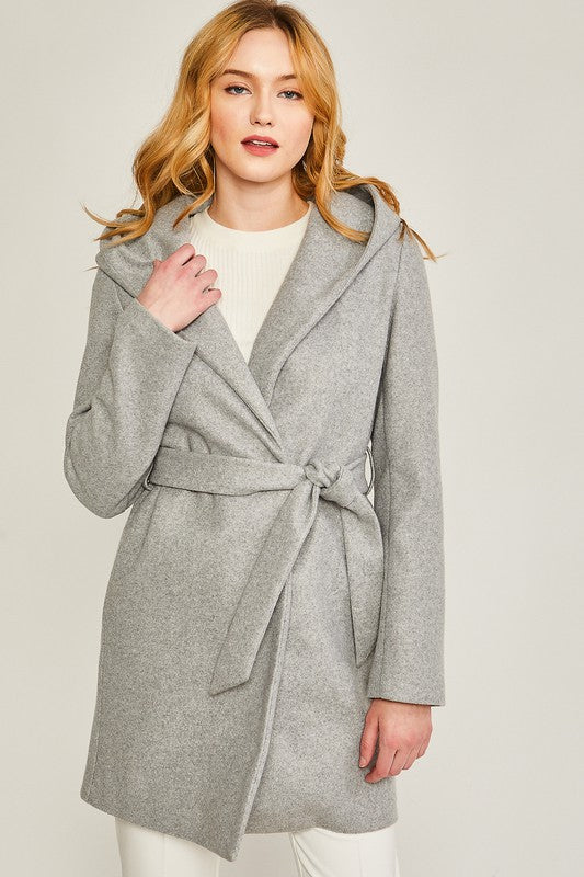 Women JQ Fleece Functional Pockets Belted Hoodie Collared Coat Zarnesh