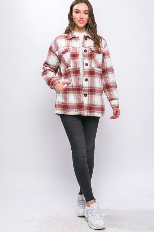 Women Plaid Button Up Jacket with Sherpa Lining | Zarnesh