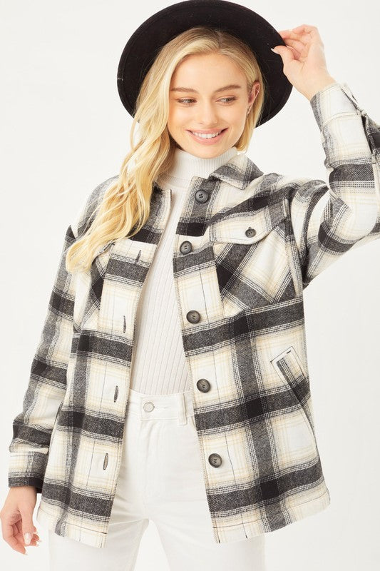 Women Plaid Button Up Jacket with Sherpa Lining | Zarnesh