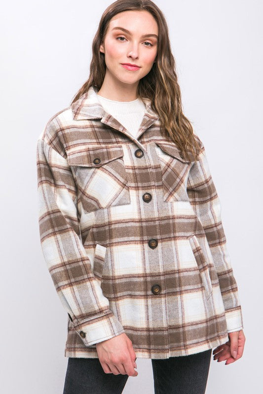 Women Plaid Button Up Jacket with Sherpa Lining | Zarnesh