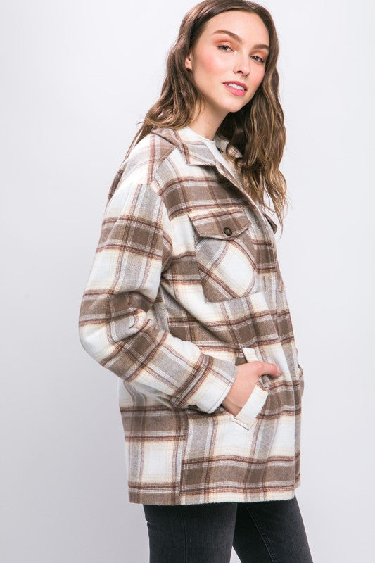 Women Plaid Button Up Jacket with Sherpa Lining | Zarnesh