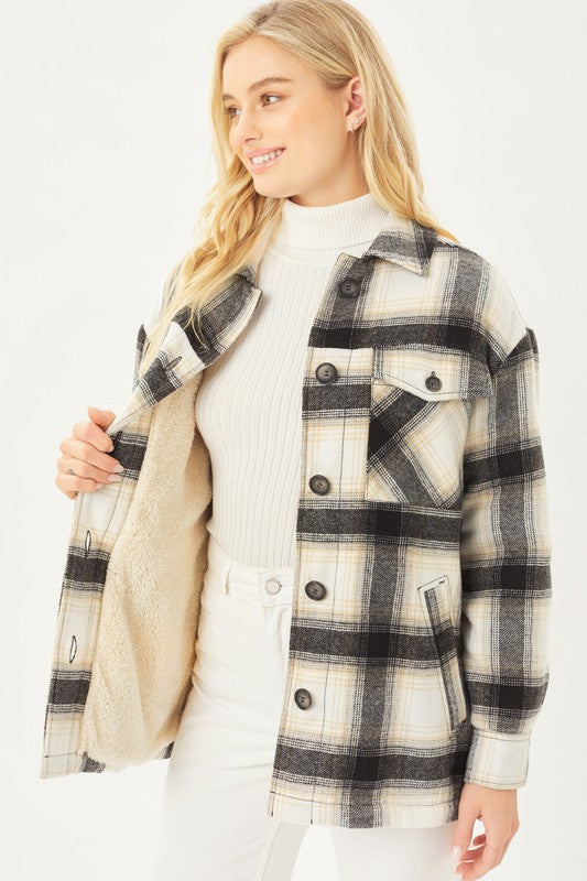 Women Plaid Button Up Jacket with Sherpa Lining | Zarnesh