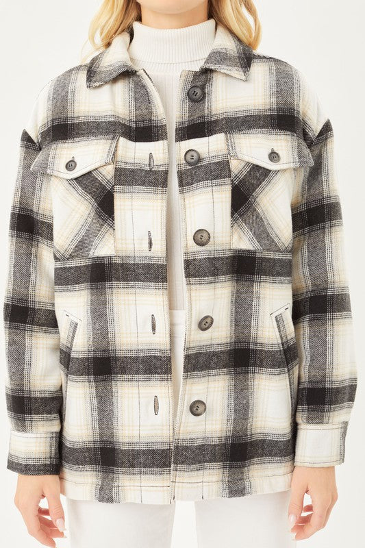 Women Plaid Button Up Jacket with Sherpa Lining | Zarnesh