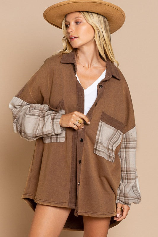 Women Long Sleeve with Plaid Detail Sleeve Shacket | Zarnesh