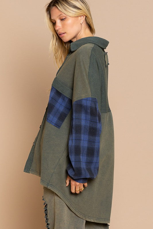 Women Long Sleeve with Plaid Detail Sleeve Shacket | Zarnesh