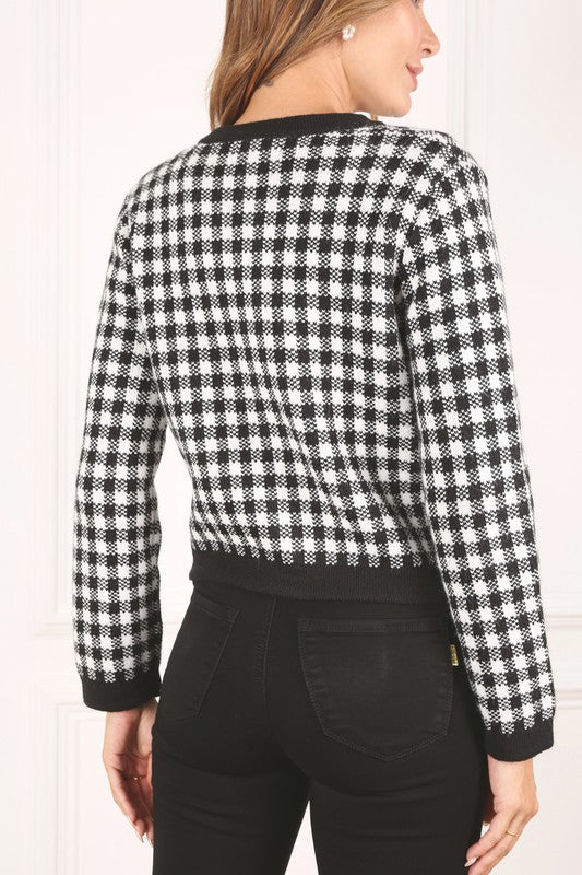 Women Black Check Knitted Jacket | Zarnesh