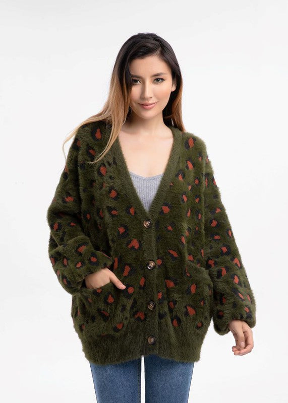 Women Button Down Fur Animal Print Sweater | Zarnesh