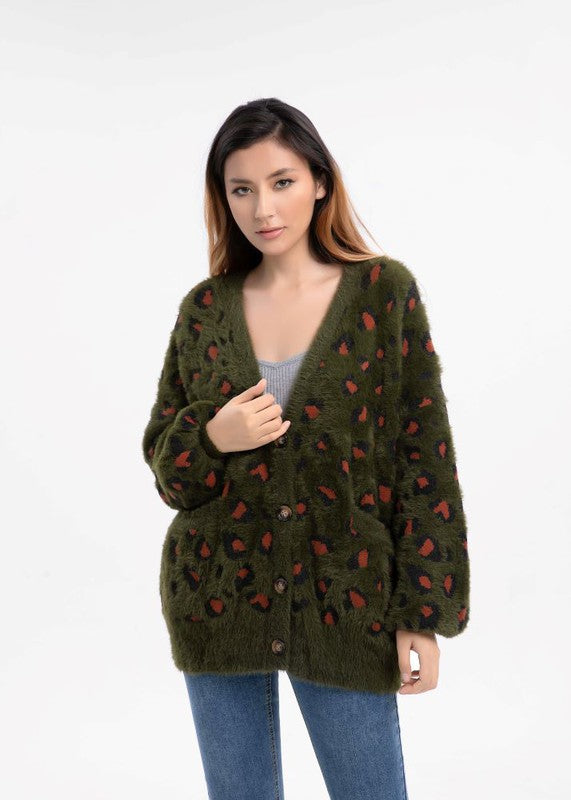 Women Button Down Fur Animal Print Sweater | Zarnesh