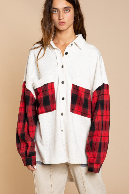 Women Long Sleeve with Plaid Detail Sleeve Shacket | Zarnesh