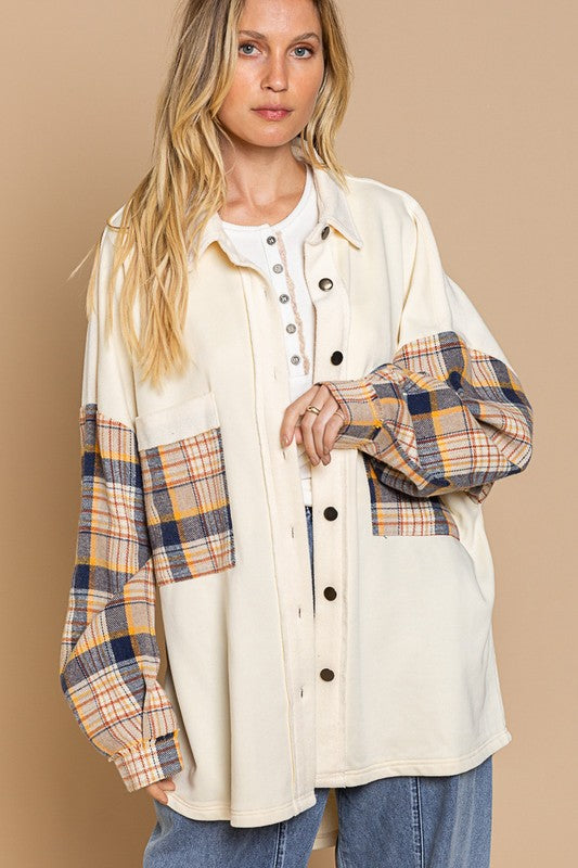 Women Long Sleeve with Plaid Detail Sleeve Shacket | Zarnesh