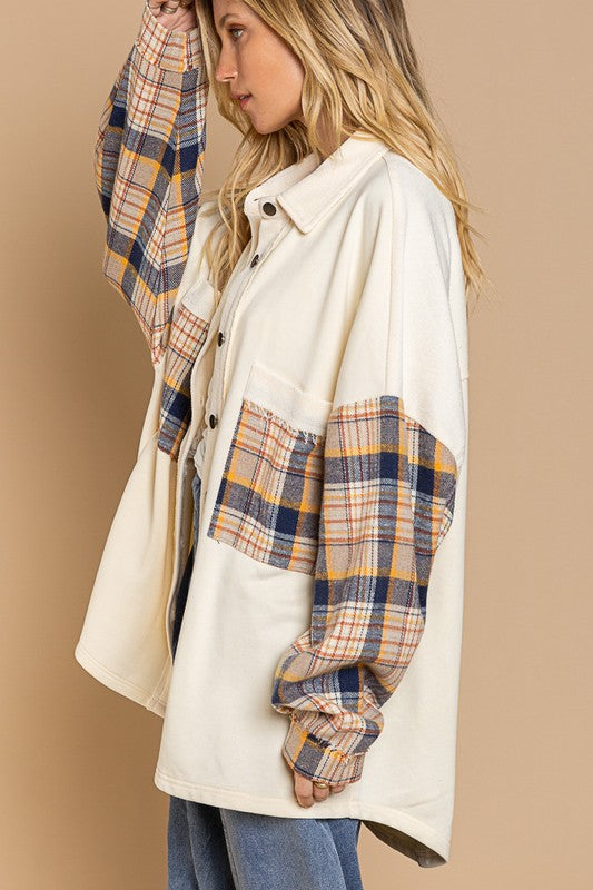 Women Long Sleeve with Plaid Detail Sleeve Shacket | Zarnesh