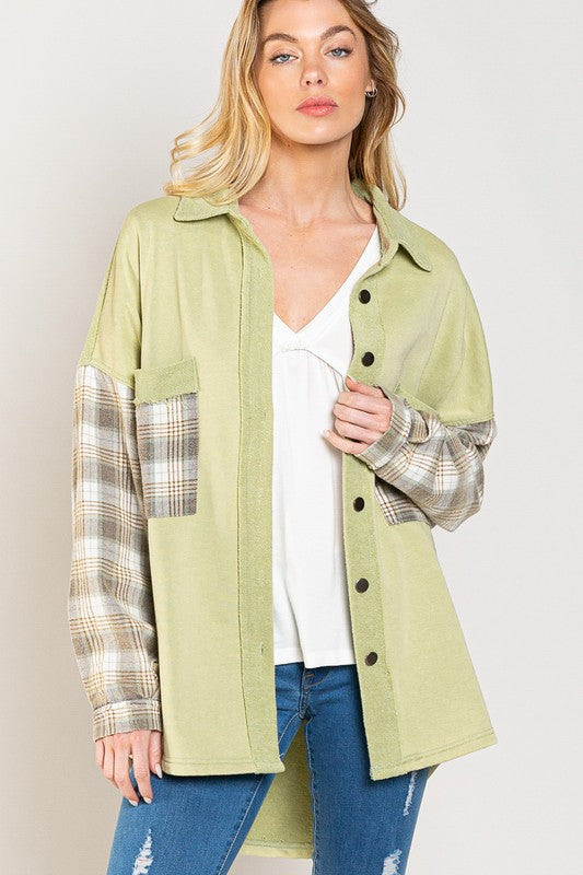 Women Long Sleeve with Plaid Detail Sleeve Shacket | Zarnesh