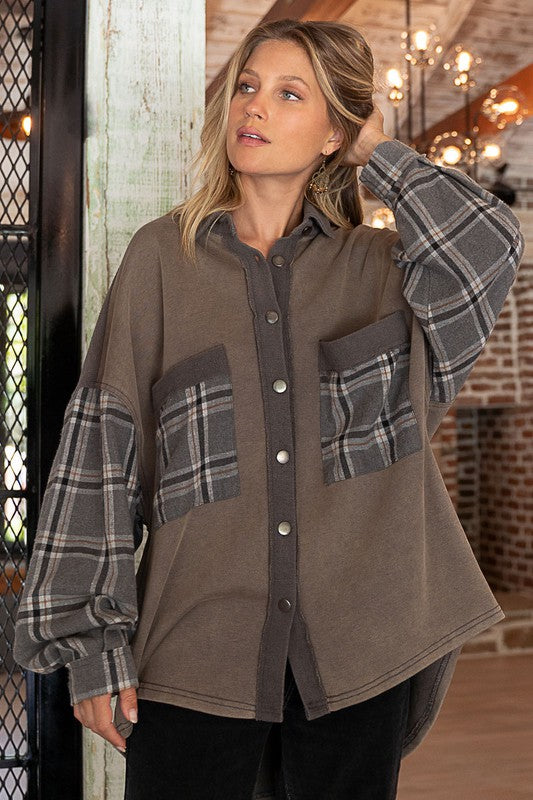 Women Long Sleeve with Plaid Detail Sleeve Shacket | Zarnesh