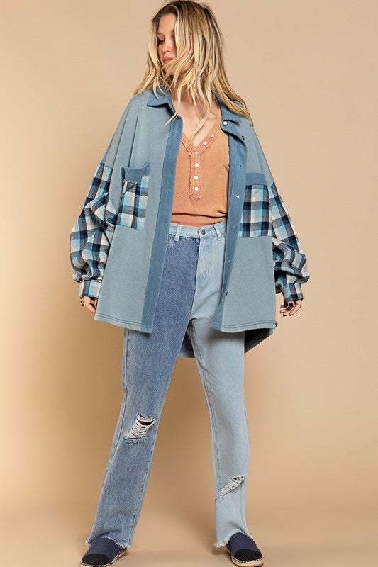 Women Long Sleeve with Plaid Detail Sleeve Shacket | Zarnesh