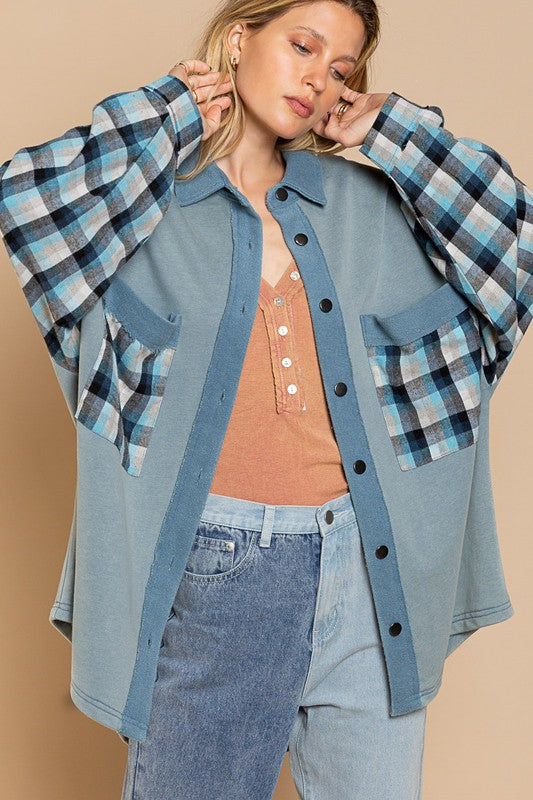 Women Long Sleeve with Plaid Detail Sleeve Shacket | Zarnesh