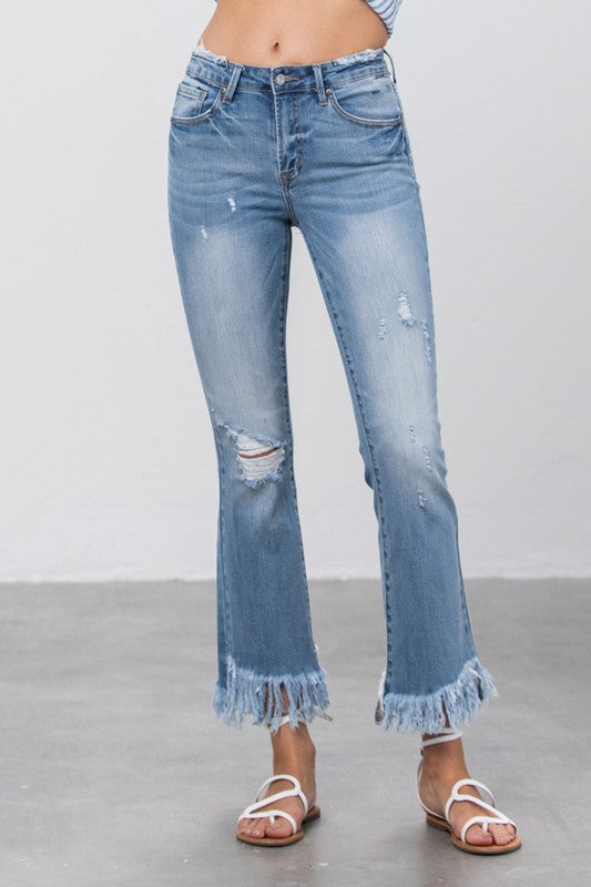 Women Mid Rise Long Bottom Frayed Crop Flare | Zarnesh