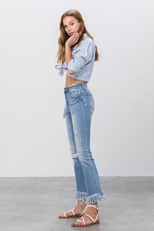 Women Mid Rise Long Bottom Frayed Crop Flare | Zarnesh