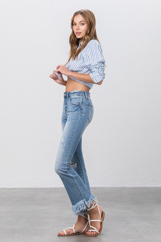 Women Mid Rise Long Bottom Frayed Crop Flare | Zarnesh