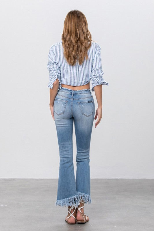 Women Mid Rise Long Bottom Frayed Crop Flare | Zarnesh