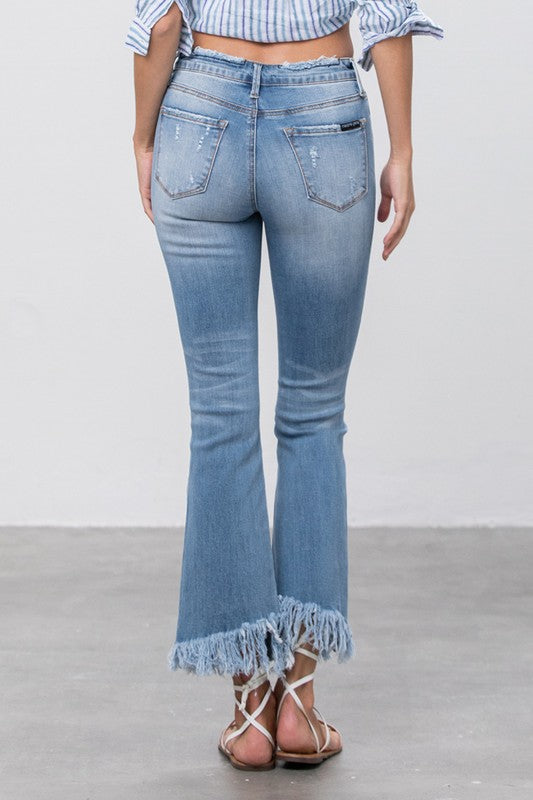 Women Mid Rise Long Bottom Frayed Crop Flare | Zarnesh