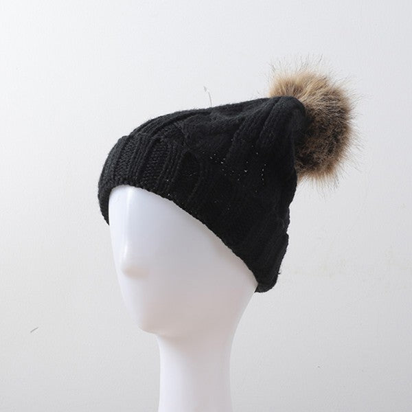 Women Braided Knitted Fur Pom Pom Beanie | Zarnesh