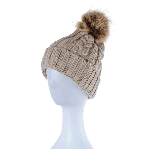 Women Braided Knitted Fur Pom Pom Beanie | Zarnesh