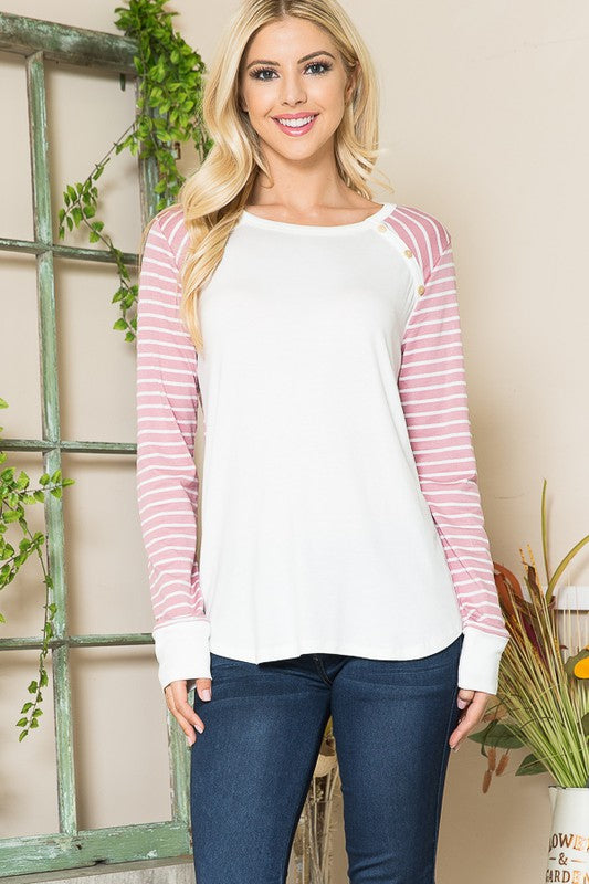 Women Viscoes Crepe Knit Jersey Stripe Button Top | Zarnesh