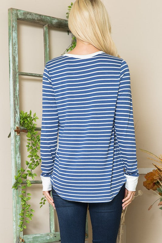 Women Viscoes Crepe Knit Jersey Stripe Button Top | Zarnesh