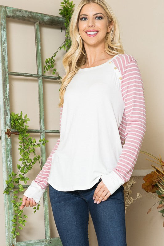 Women Viscoes Crepe Knit Jersey Stripe Button Top | Zarnesh