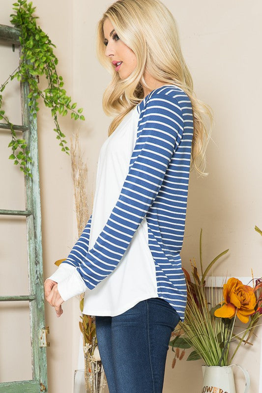 Women Viscoes Crepe Knit Jersey Stripe Button Top | Zarnesh