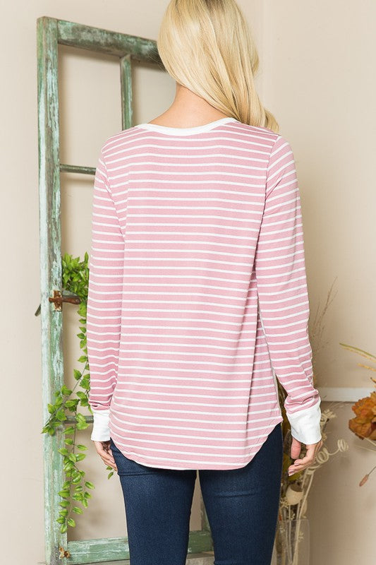 Women Viscoes Crepe Knit Jersey Stripe Button Top | Zarnesh