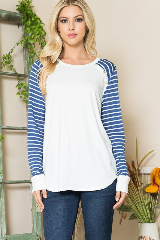 Women Viscoes Crepe Knit Jersey Stripe Button Top | Zarnesh