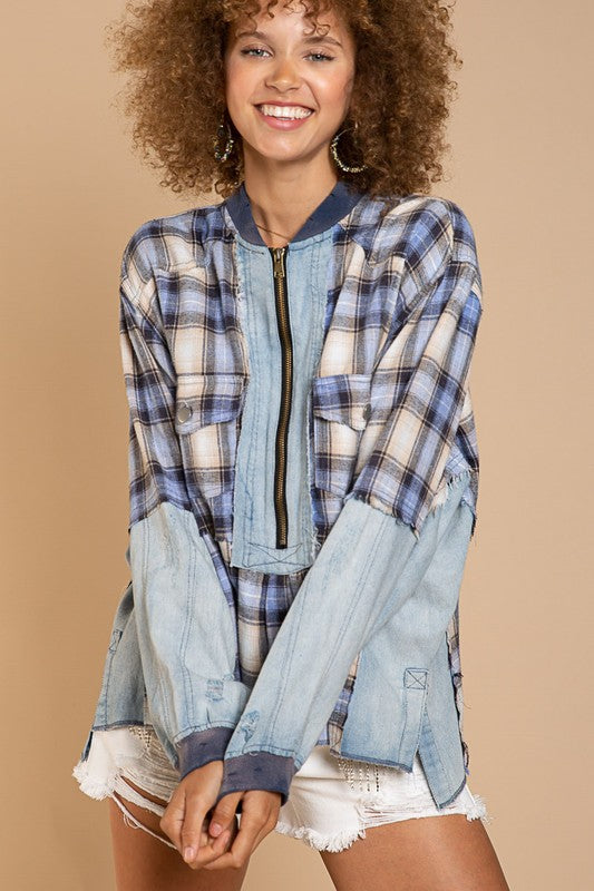 Plaid Print Chambray Half Zip Pullover Jacket | Zarnesh