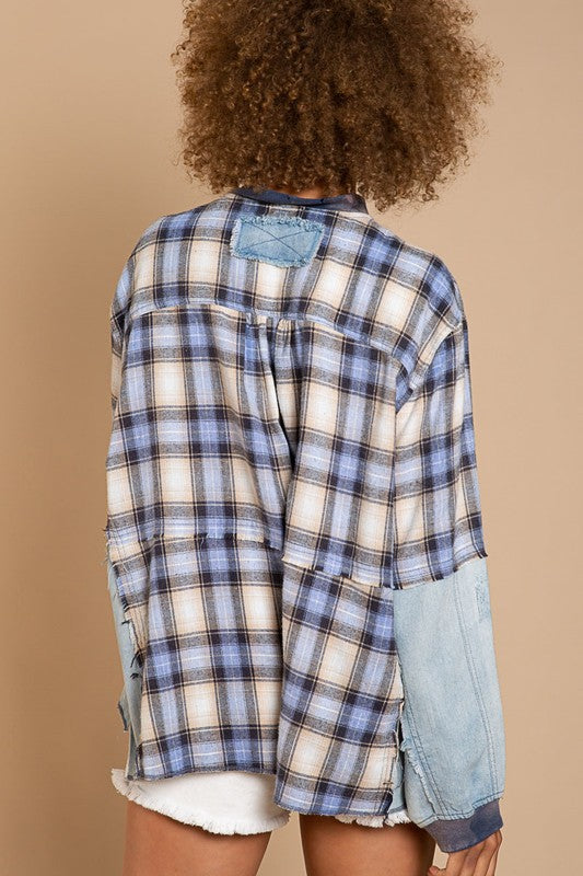 Plaid Print Chambray Half Zip Pullover Jacket | Zarnesh