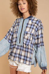 Plaid Print Chambray Half Zip Pullover Jacket | Zarnesh