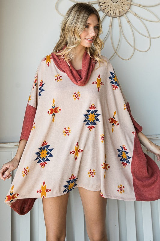 WOMEN'S AZTEC PRINT COWL NECK OVERSIZED PONCHO | ZARNESH