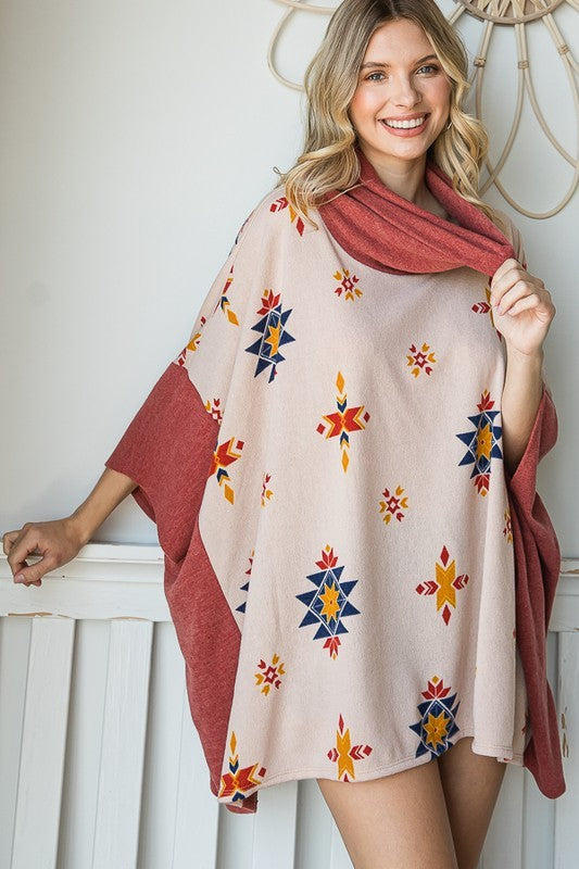 WOMEN'S AZTEC PRINT COWL NECK OVERSIZED PONCHO | ZARNESH