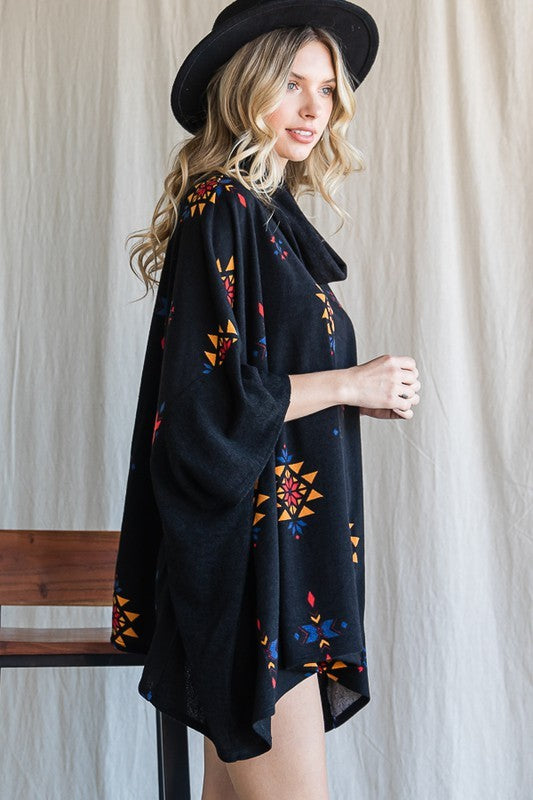 WOMEN'S AZTEC PRINT COWL NECK OVERSIZED PONCHO | ZARNESH