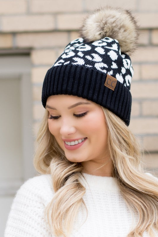 Women Leopard Fur Pom Beanie | Zarnesh