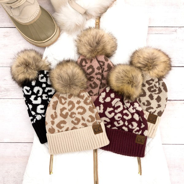 Women Leopard Fur Pom Beanie | Zarnesh