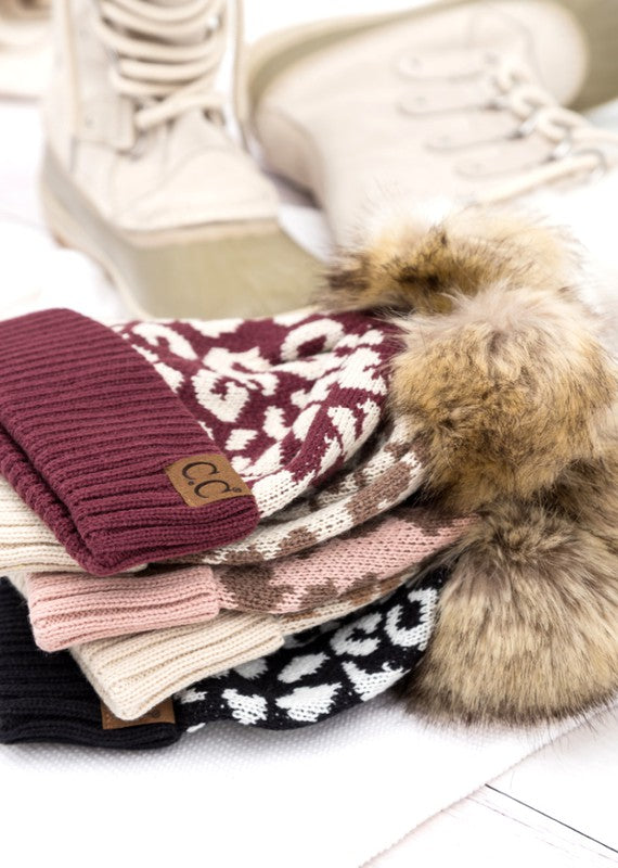 Women Leopard Fur Pom Beanie | Zarnesh