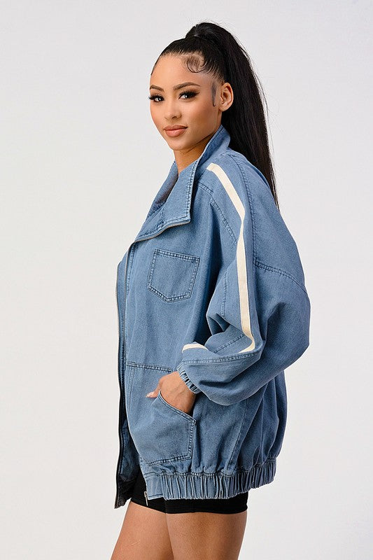 Women Casual Loose Fit Denim Stripe Jacket | Zarnesh