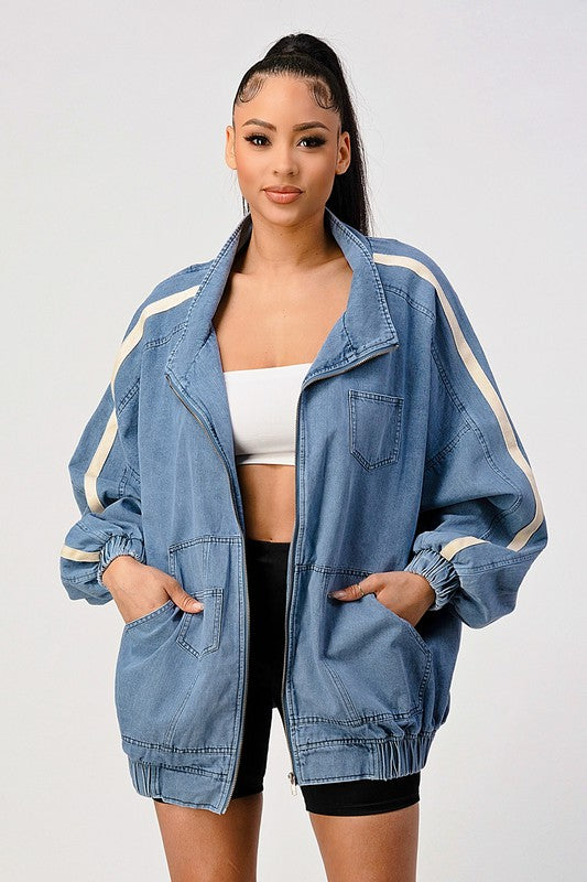 Women Casual Loose Fit Denim Stripe Jacket | Zarnesh