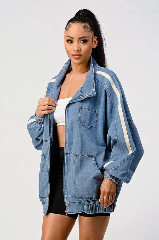 Women Casual Loose Fit Denim Stripe Jacket | Zarnesh