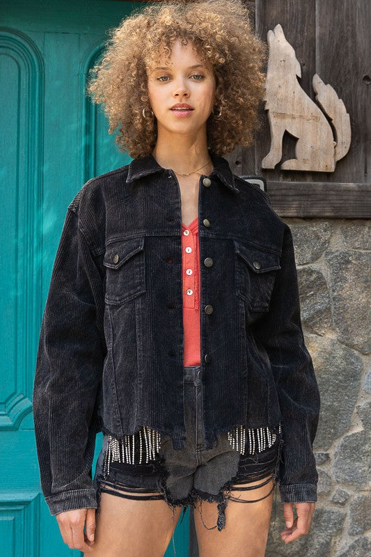 Women Oversized Ribbed Texture Button Front Pockets Shacket Zarnesh