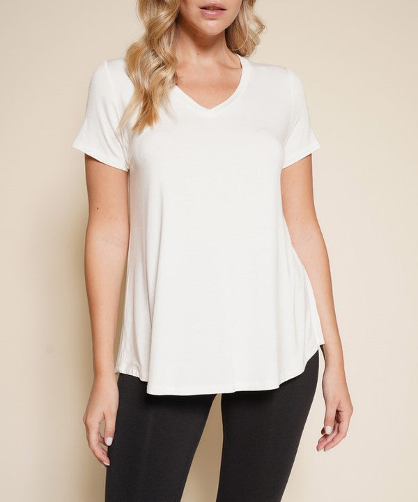 Women Bamboo V Neck Flared Open Bottom Short Sleeves T Shirt Zarnesh