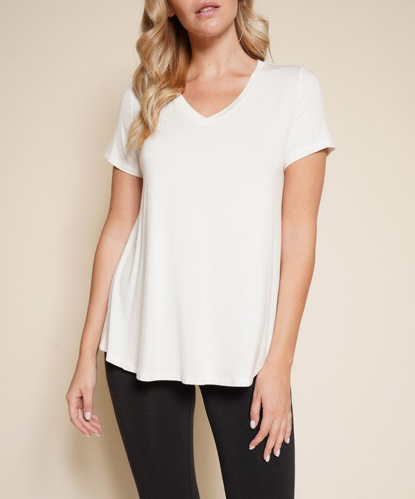 Women Bamboo V Neck Flared Open Bottom Short Sleeves T Shirt Zarnesh