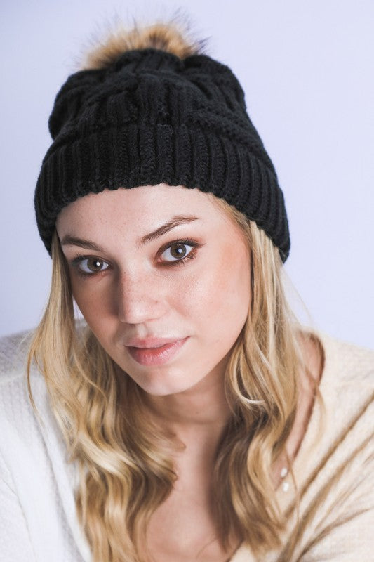 Women Braided Knitted Fur Pom Pom Beanie | Zarnesh