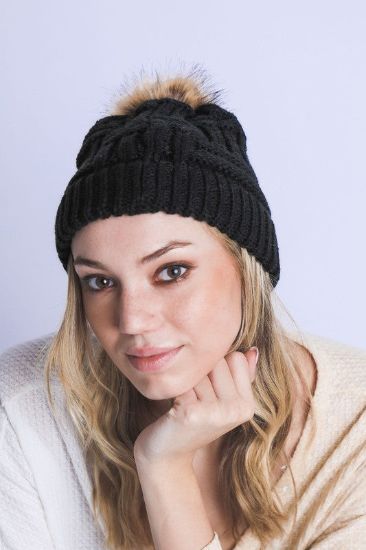 Women Braided Knitted Fur Pom Pom Beanie | Zarnesh