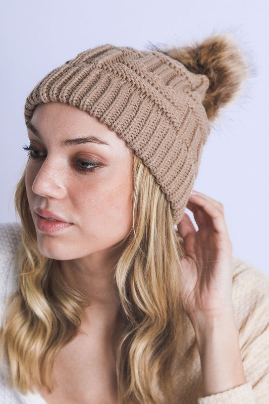 Women Braided Knitted Fur Pom Pom Beanie | Zarnesh